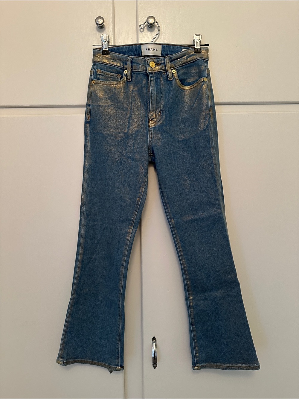 LIKE NEW Frame Le Crop Mini Boot Flare Jeans with Gold Shimmer